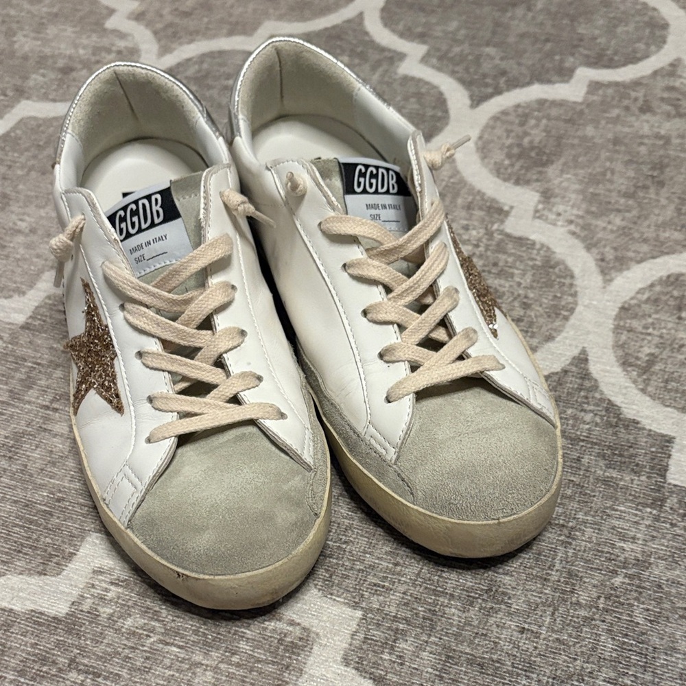 Golden Goose White and Glitter Gold Sneakers